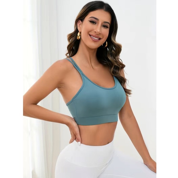 Dusty Blue Double Strap Criss Cross Backless Padded Sports Bra - Picture 5 of 14
